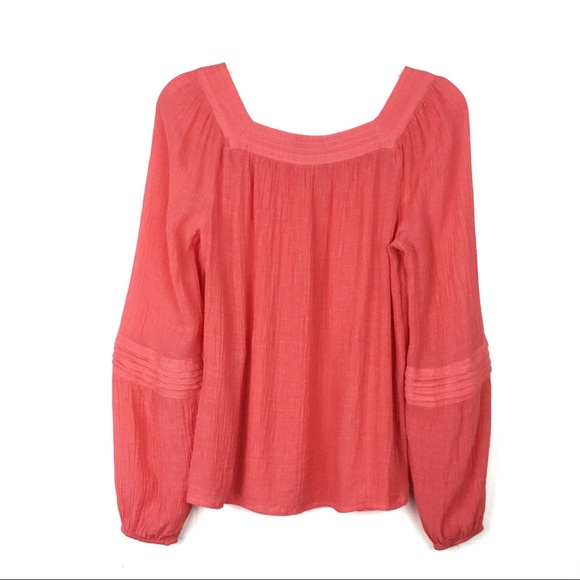 Womens Shirt Size Small Lauren Conrad Coral Sheer Crepe Square Neck Long Sleeves - Picture 3 of 6